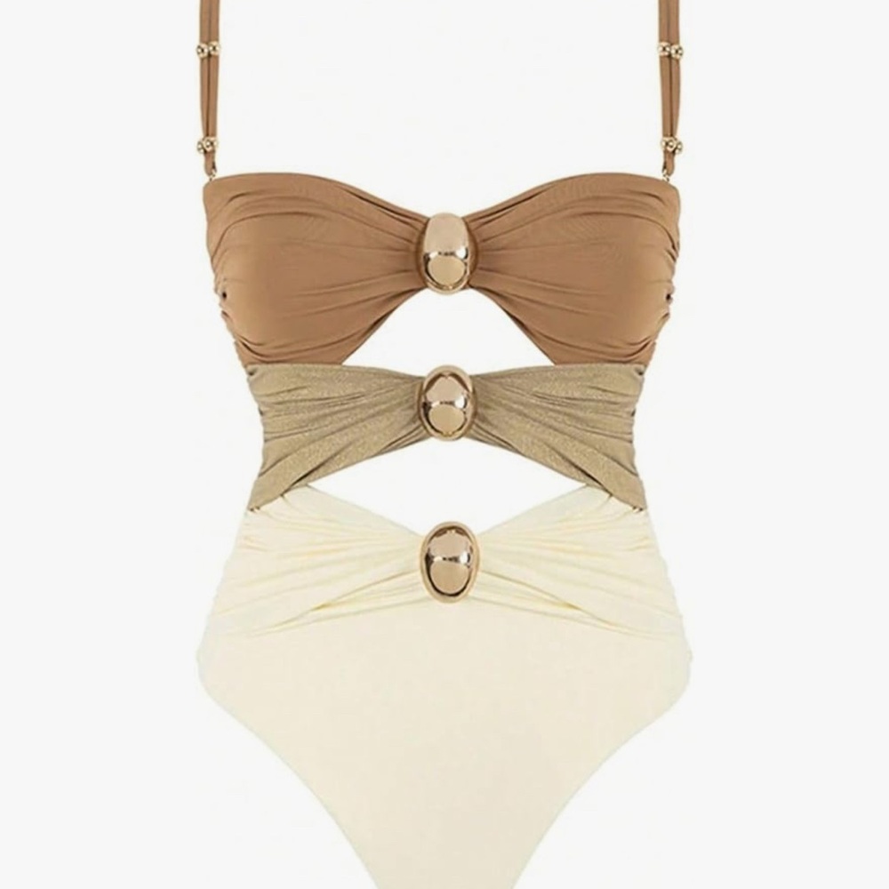 SHEIN Brown and Cream One Piece Swimsuit